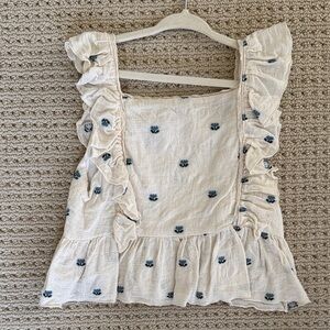 Bebe organic Embroidered Ruffle Sleeve Top - Cream and Blue